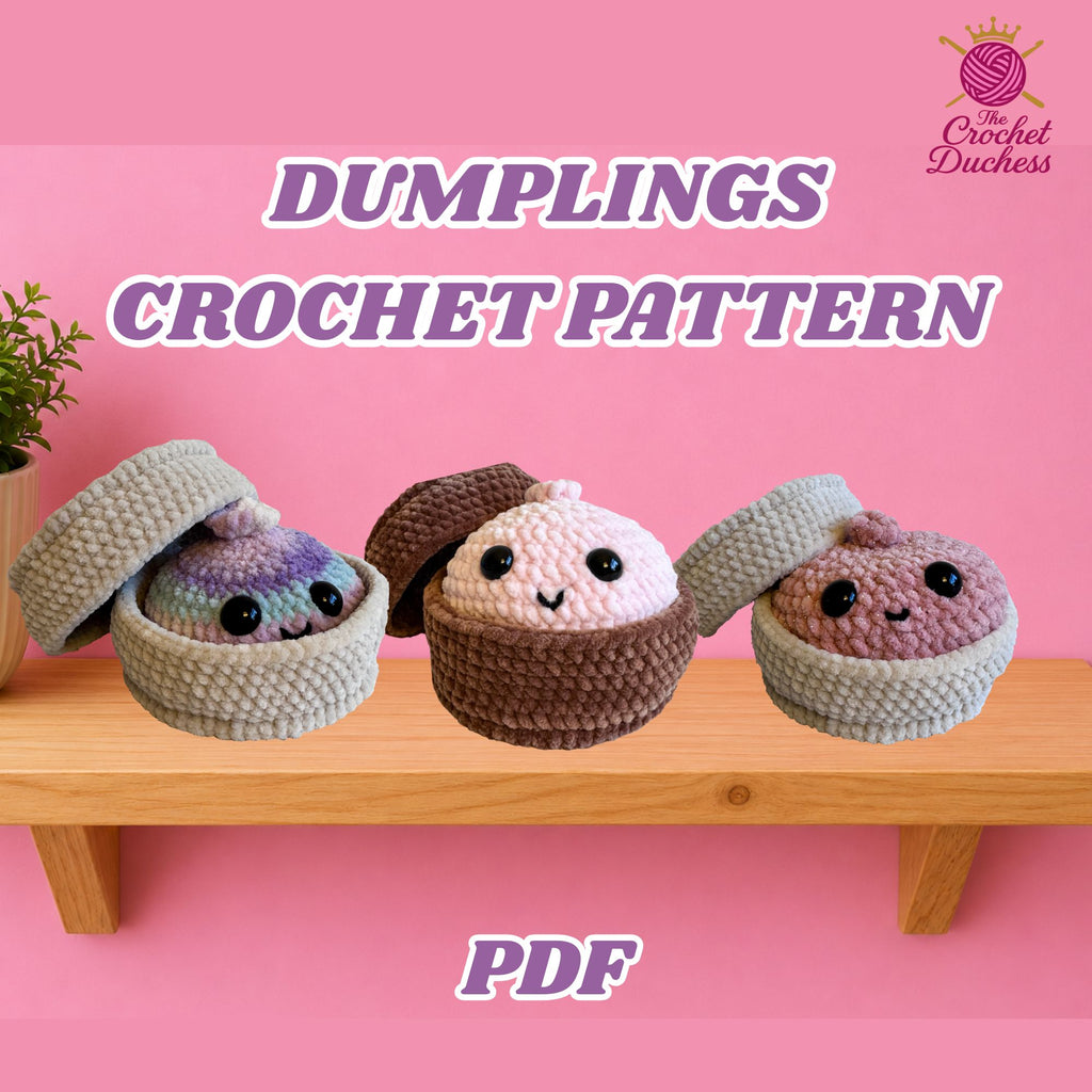 Promotional graphic for a crochet dumpling pattern, showing three crocheted cupcake-style dumplings on a wooden bench against a pink background with the text 'DUMPLINGS CROCHET PATTERN' and the brand logo 'The Crochet Duchess'.