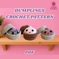 Promotional graphic for a crochet dumpling pattern, showing three crocheted cupcake-style dumplings on a wooden bench against a pink background with the text 'DUMPLINGS CROCHET PATTERN' and the brand logo 'The Crochet Duchess'.