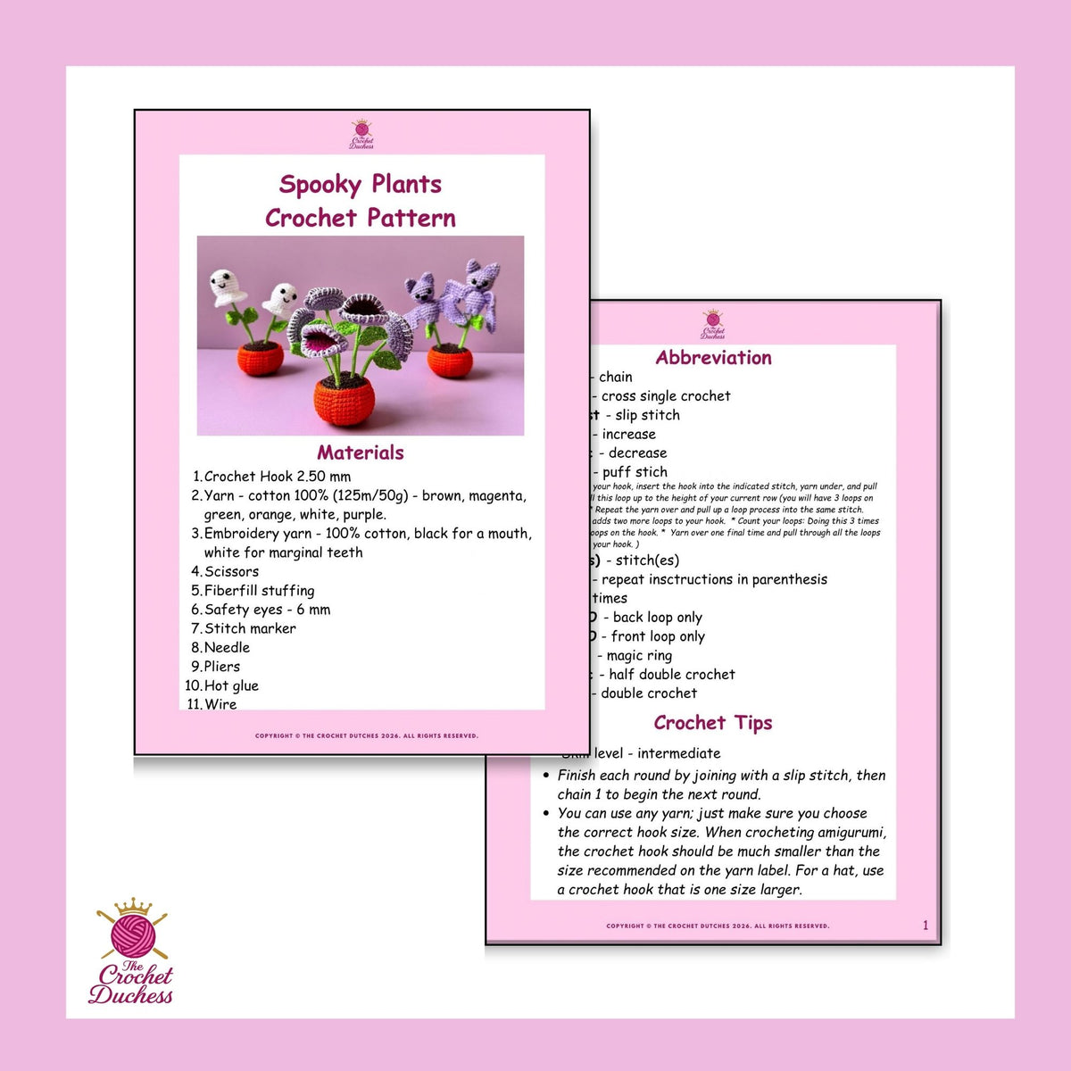 Crochet pattern booklet pages for 'Spooky Plants Crochet Pattern' by Crochet Duchess, displayed on a pink background. The pages show a color illustration of crochet hooks and yarn with small plants, plus text sections for materials, abbreviation, and crochet tips.