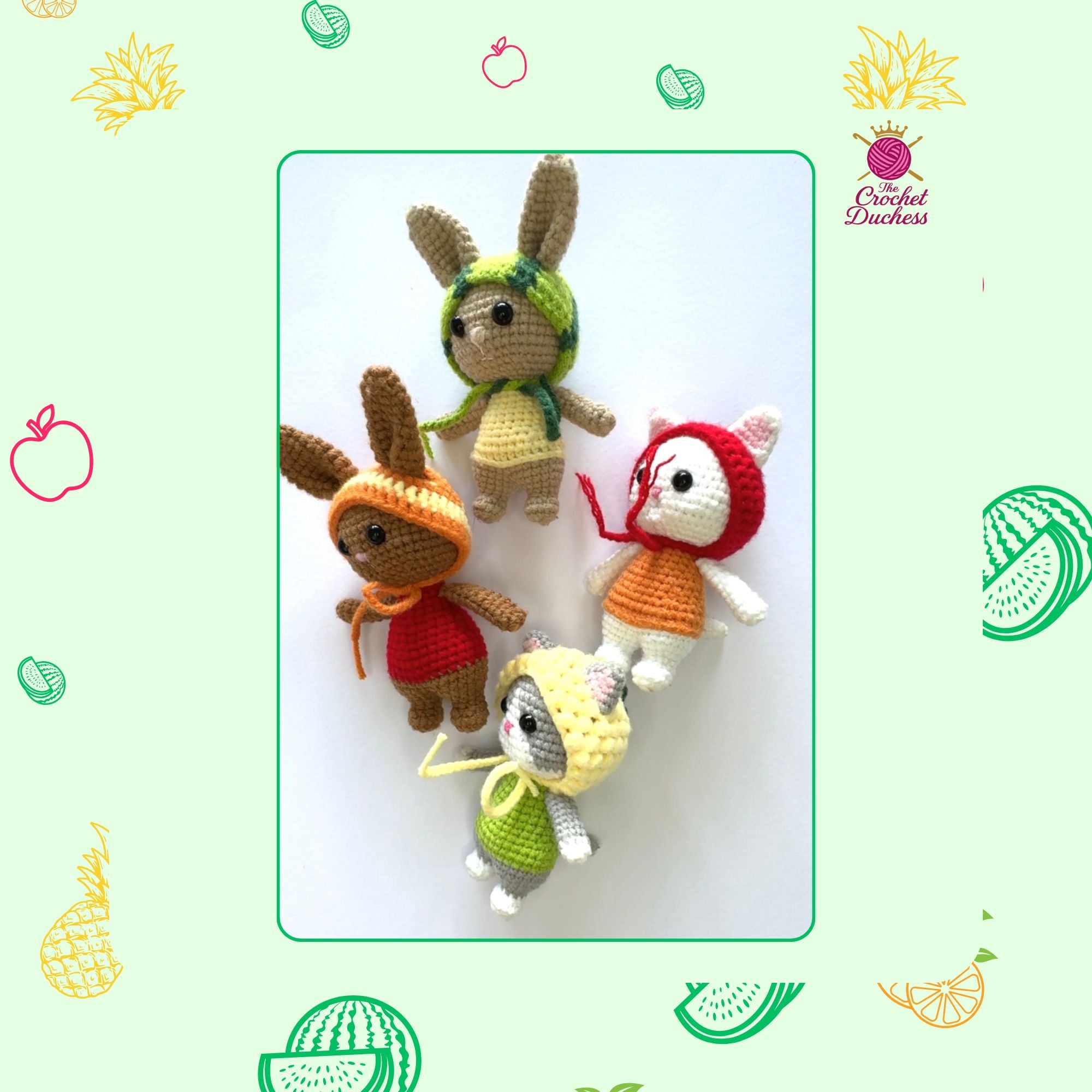 Fruit Friends Crochet Pattern, Amigurumi Cat, Bunny, Keychain PDF