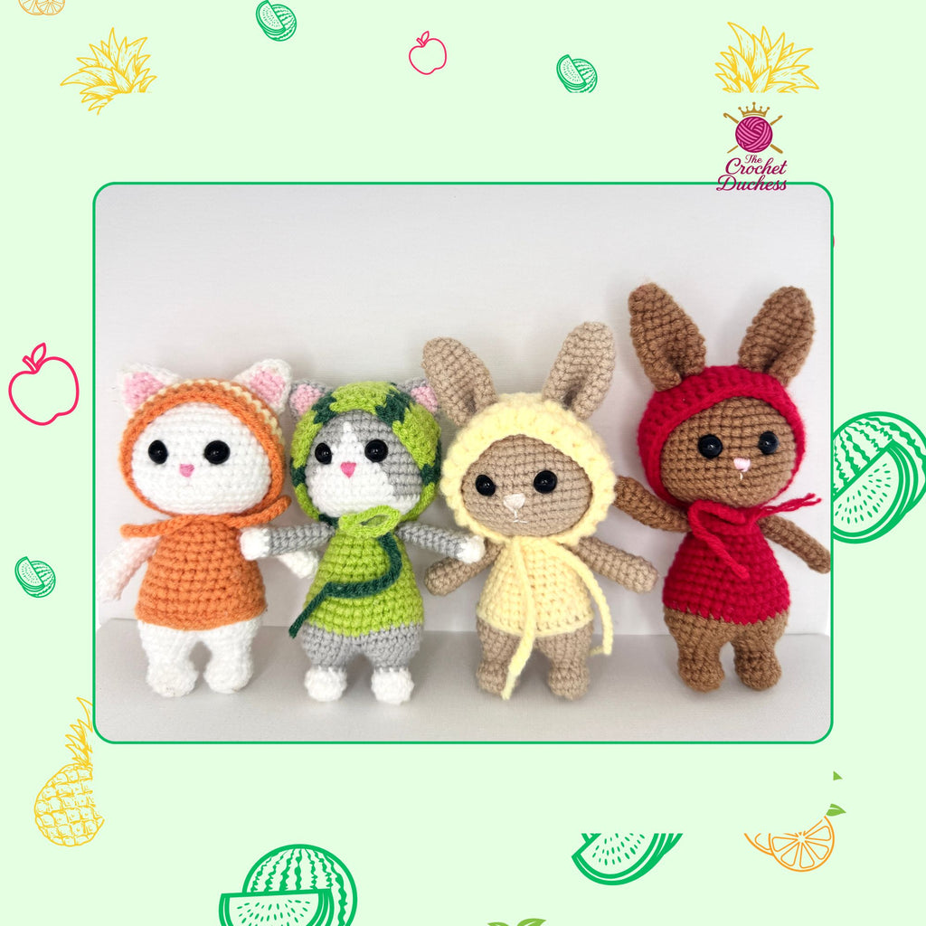 Fruit Friends Crochet Pattern, Amigurumi Cat, Bunny, Keychain PDF