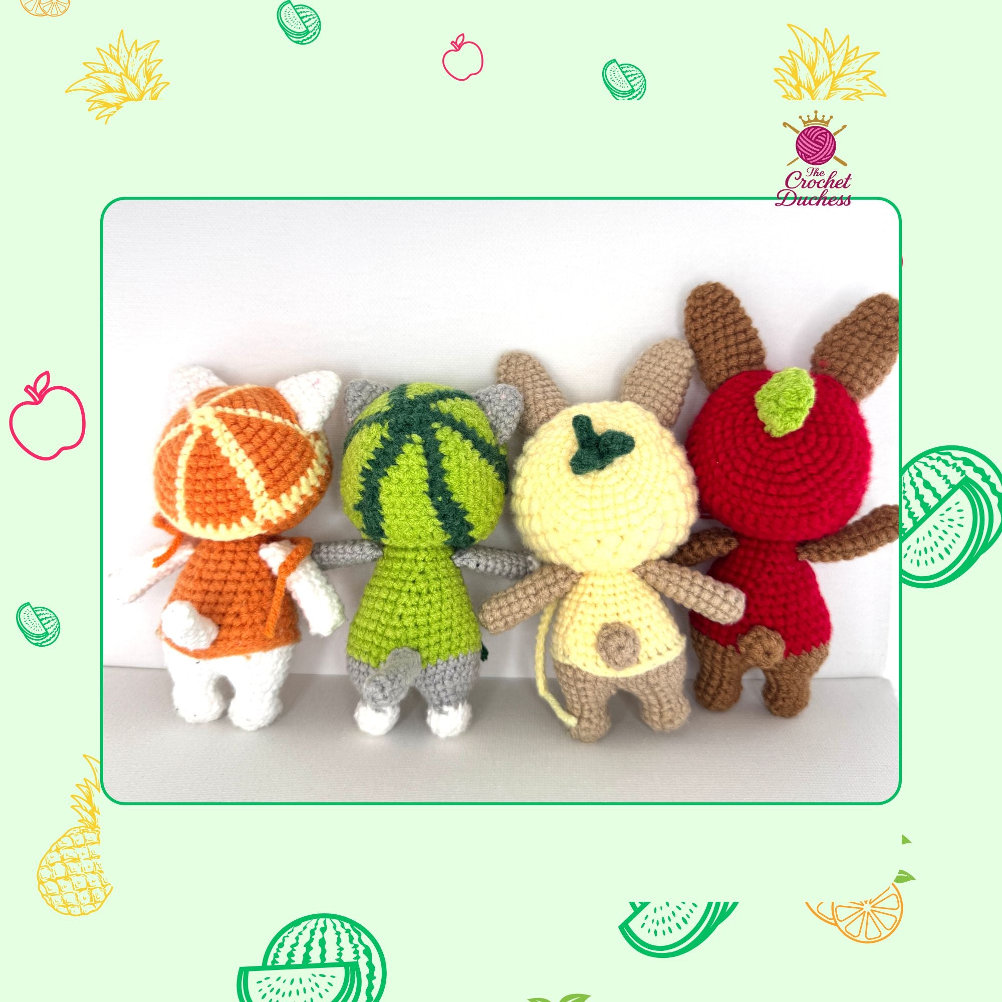 Fruit Friends Crochet Pattern, Amigurumi Cat, Bunny, Keychain PDF