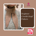 Promotional graphic for a beginner crochet scarf pattern, showing a cropped photo of a person wearing a crochet scarf in tan and brown tones over a gray sweater. A dark brown text panel reads 'Beginner Crochet Scarf Pattern,' with the 'Crochet Duchess' logo and a PDF icon on a tan background.