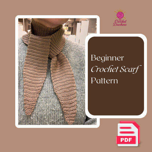 Promotional graphic for a beginner crochet scarf pattern, showing a cropped photo of a person wearing a crochet scarf in tan and brown tones over a gray sweater. A dark brown text panel reads 'Beginner Crochet Scarf Pattern,' with the 'Crochet Duchess' logo and a PDF icon on a tan background.