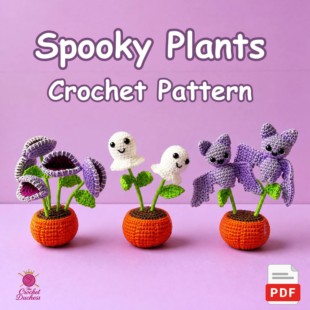 Promotional graphic for a 'Spooky Plants Crochet Pattern' showing three finished crocheted plant characters: a purple flower with open petals, a white ghost plant, and a purple bat-shaped plant, all in orange pots against a lavender background. A 'Crochet Duchess' logo is visible in the bottom-left corner, and a 'PDF' icon is in the bottom-right.