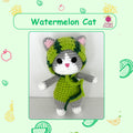 A crocheted amigurumi cat doll wearing a green watermelon-patterned hood and dress, with pink inner ears, black eyes, and a small pink heart on its face. The image is framed with a green border and watermelon-themed illustrations, with the text 'Watermelon Cat' and a 'The Crochet Duchess' logo.