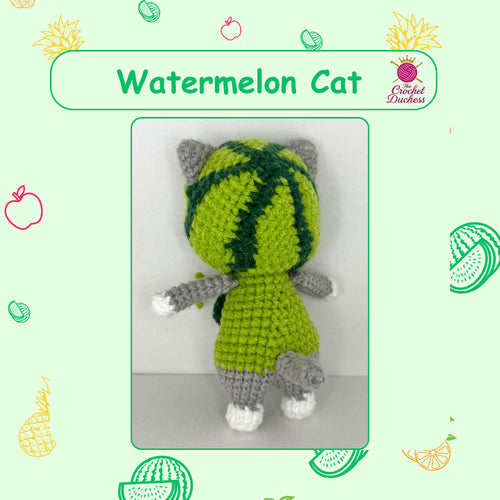 A crocheted watermelon-themed cat toy shown from the back, featuring a bright green body with dark green watermelon stripes, gray ears and paws, and white paws and feet. The image is presented on a light green background decorated with watermelon and fruit illustrations, with a header that reads 'Watermelon Cat' and a 'The Crochet Duchess' brand logo.