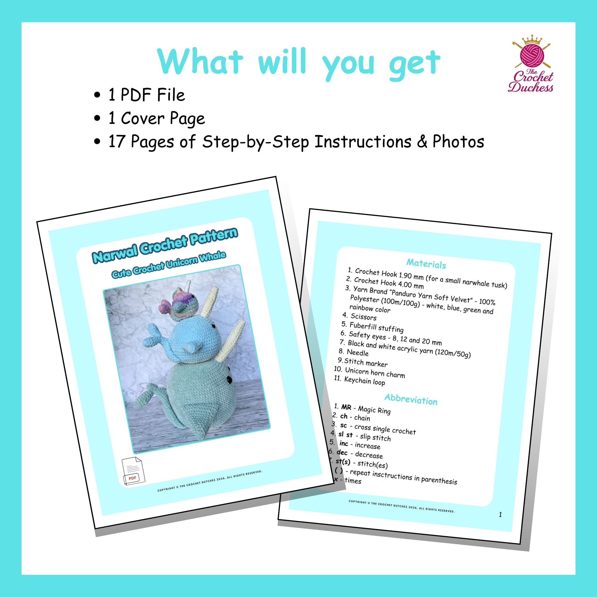 3-in-1 Narwhal Crochet Pattern | Beginner Amigurumi Plush Toy, Keychain, Bag Charm (PDF)